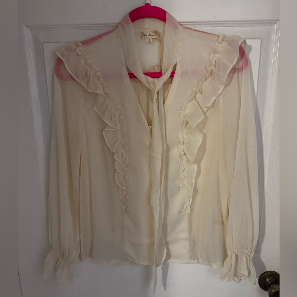 Hem & Thread Ivory Ruffle Tie-Neck Blouse